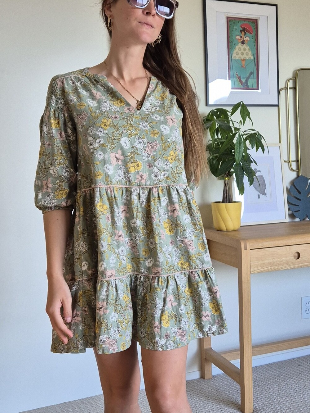 Cynthia Rowley Romantic Floral Linen Blend Tiered Green V-Neck Mini Dress S